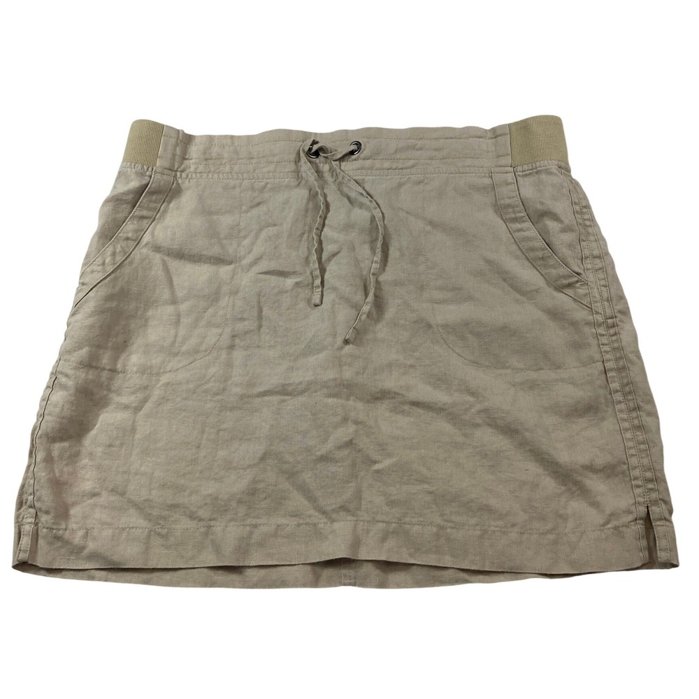 Athleta Womens 14 Tan 100% Linen Mini Skort Elastic Waist Drawstring Pockets